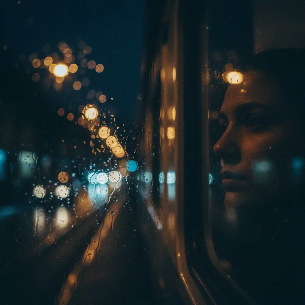 Passenger reflection in night train window with bokeh city lights